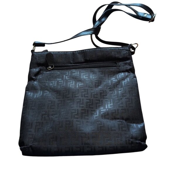 Denver Hayes Crossbody Purse in a Black Leather Geographic with adjustable Strap - Picture 2 of 6